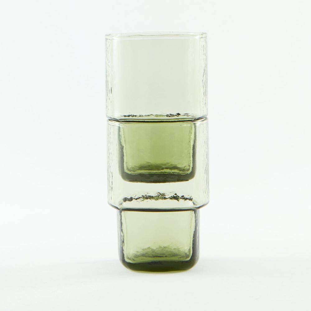 A set of 2 stackable, tall olive-green handmade drinking glass with hammered texture