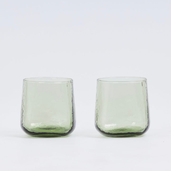2 olive green uniquely shaped handmade drinking glasses