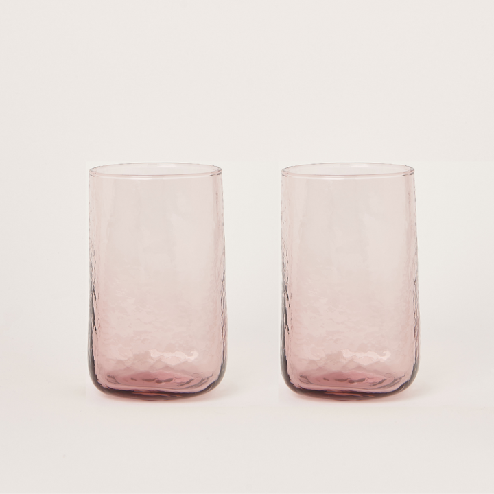 Set of 2 tall pink drinking glasses with round mouth square bottom