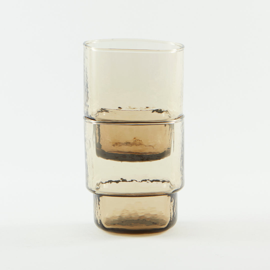 Unique, big, stackable handmade brown drinking glasses with an unusual shape and hammered texture 