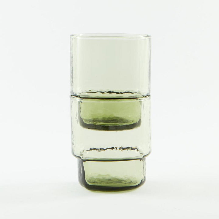 Set of 2 big, stackable coloured handmade drinking glasses in olive green