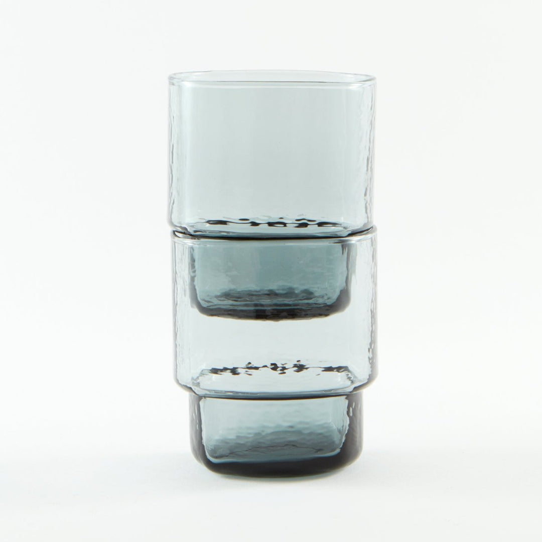 Set of 2 modern, big, stackable coloured handmade drinking glasses in blue grey