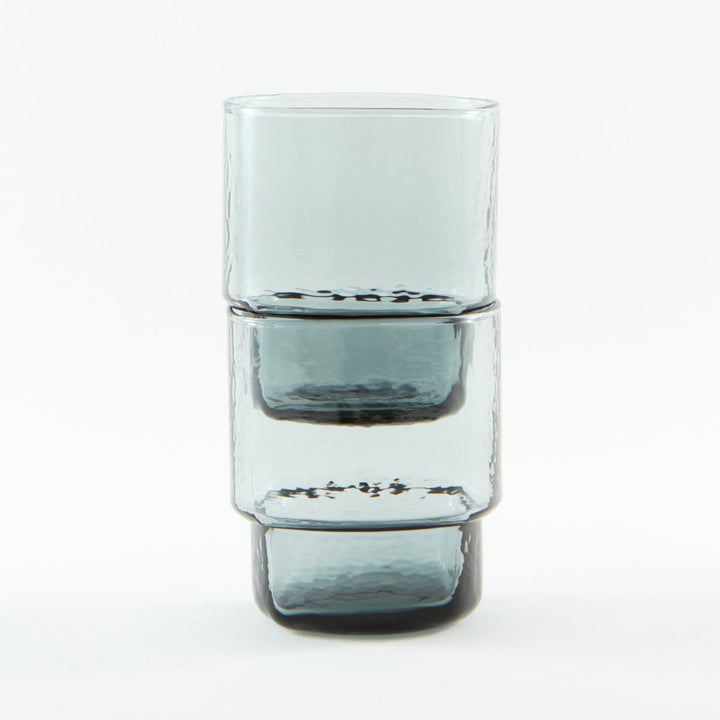 Set of 2 modern, big, stackable coloured handmade drinking glasses in blue grey