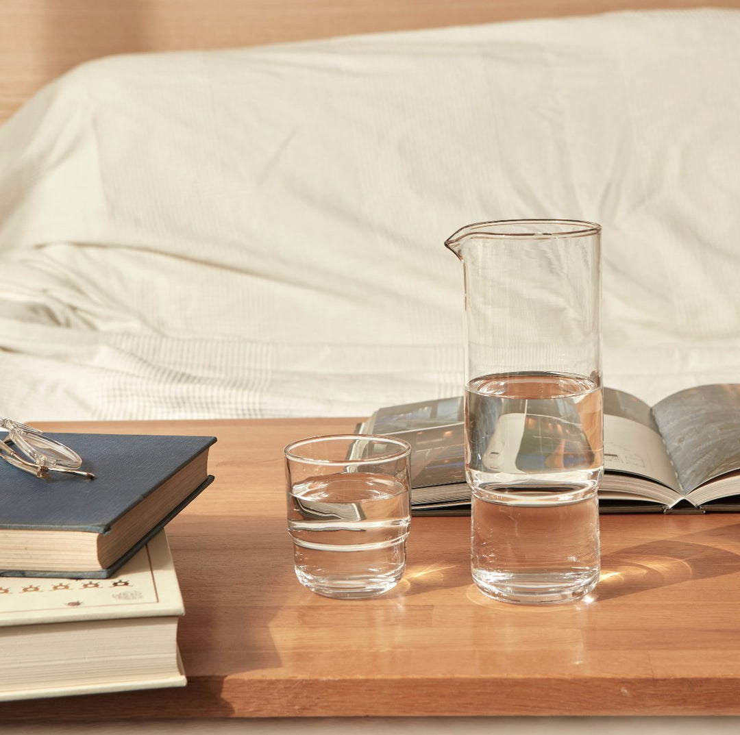 Set of 1 litre cylindrical clear handmade glass carafe and matching drinking glasses 