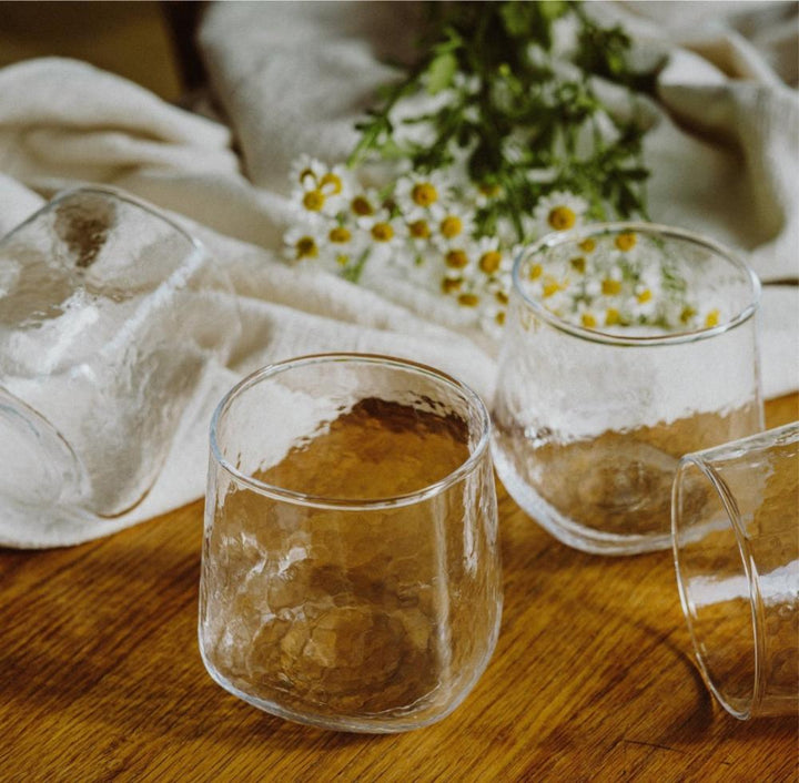 Uniquely shaped minimalistic handmade water glasses in clear